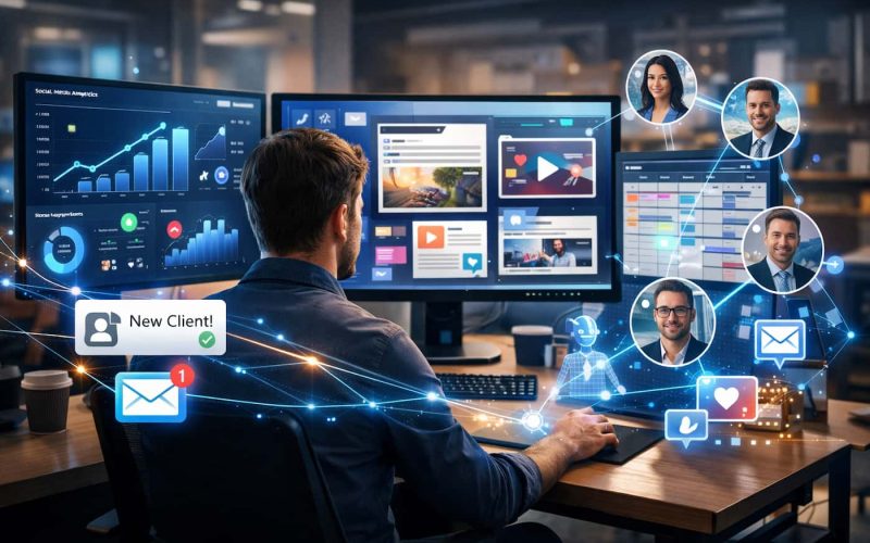 A man works at a desk with multiple screens displaying graphs, profiles, and notifications. Digital connections and icons suggest networking and communication.