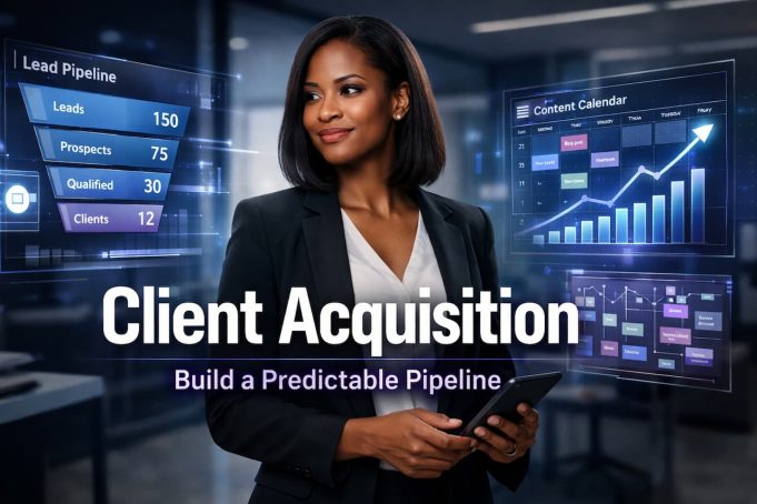Client Acquisition Strategy for an AI Content Strategy & Creation Business Confident African American female entrepreneur using AI tools to build a client acquisition pipeline with digital dashboards and growth analytics displayed.