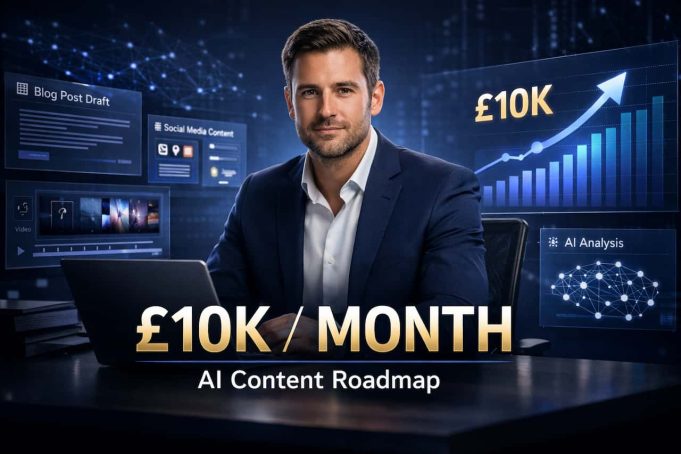 Step-by-Step Roadmap to Your First £10k/Month with an AI Content Strategy & Creation Business Entrepreneur building an AI content strategy business with digital dashboards showing £10K monthly revenue growth.