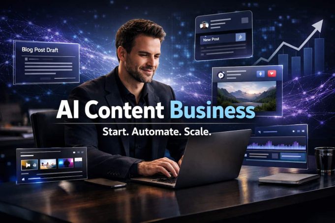 How to Start and Scale an AI Content Strategy & Creation Business Entrepreneur using AI tools to build and scale a content strategy business with digital dashboards and growth analytics displayed on screen.
