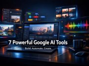 7 Powerful Google AI Tools You Should Be Using Right Now Futuristic workspace showing multiple Google AI tools building apps, automating workflows, generating presentations, images, and audio content.