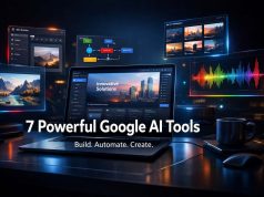 7 Powerful Google AI Tools You Should Be Using Right Now Futuristic workspace showing multiple Google AI tools building apps, automating workflows, generating presentations, images, and audio content.