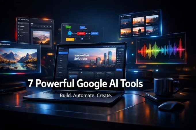 7 Powerful Google AI Tools You Should Be Using Right Now Futuristic workspace showing multiple Google AI tools building apps, automating workflows, generating presentations, images, and audio content.