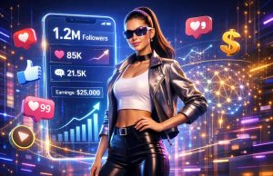 The Exact Step-by-Step Process to Create an AI Influencer That Can Reach $10,000/Month AI influencer avatar with holographic social media metrics representing profitable AI influencer niches and digital creator income.