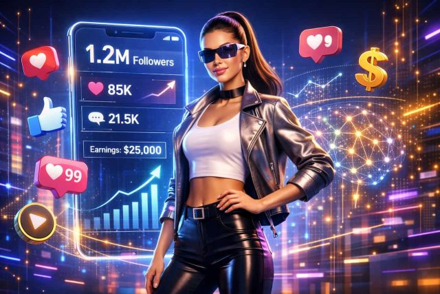 influ(1) AI influencer avatar with holographic social media metrics representing profitable AI influencer niches and digital creator income.