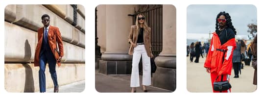 Three people are showcasing street fashion. The first wears a tan coat and blue pants, the second a tan blazer and white pants, and the third a red jumpsuit.
