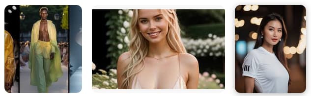 A runway model wears a sheer yellow outfit; a woman with long blonde hair smiles softly amid flowering bushes; a woman in a white shirt stands in soft light.