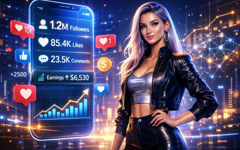 A stylish woman in a leather jacket stands confidently beside a large smartphone display showing social media stats: 1.2M followers, 85.4K likes, earnings of $6,530.