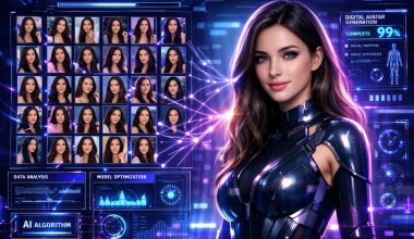 A digital woman in a sleek suit stands beside AI interface screens displaying facial images and data stats. The theme is futuristic AI training and avatar creation.