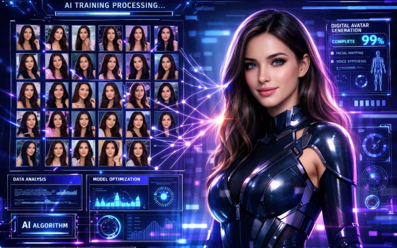 A digital woman in a sleek suit stands beside AI interface screens displaying facial images and data stats. The theme is futuristic AI training and avatar creation.