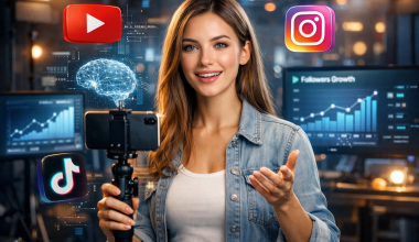 Smiling woman in a denim jacket livestreams using a smartphone. Surrounding holograms include social media icons and data charts, conveying a digital influencer theme.