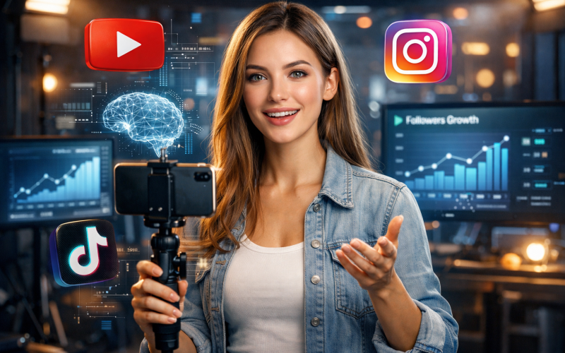 Smiling woman in a denim jacket livestreams using a smartphone. Surrounding holograms include social media icons and data charts, conveying a digital influencer theme.