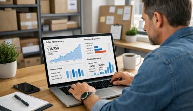 A man in a denim shirt focuses on a laptop displaying graphs and charts about sales performance and inventory. The work setting feels analytical and professional.