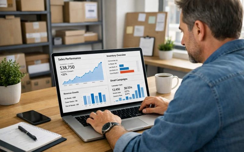 A man in a denim shirt focuses on a laptop displaying graphs and charts about sales performance and inventory. The work setting feels analytical and professional.