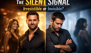Split image with a confident man smiling on the left, a woman in the background, and the same man looking down on the right. Text reads "The Silent Signal: Irresistible or Invisible?"