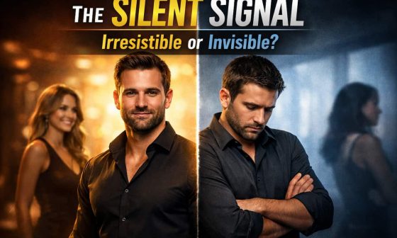 Split image with a confident man smiling on the left, a woman in the background, and the same man looking down on the right. Text reads "The Silent Signal: Irresistible or Invisible?"