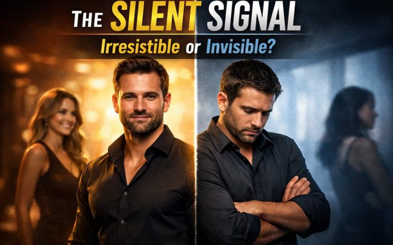 Split image with a confident man smiling on the left, a woman in the background, and the same man looking down on the right. Text reads "The Silent Signal: Irresistible or Invisible?"
