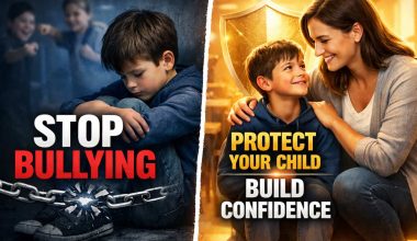 A split image showing a sad boy alone under "Stop Bullying" on the left, and a happy boy with a woman under "Protect Your Child, Build Confidence" on the right.