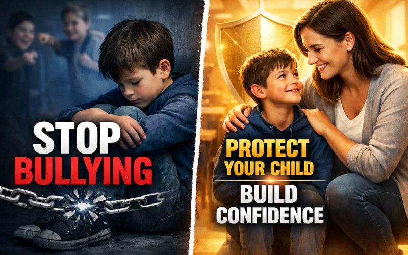 A split image showing a sad boy alone under "Stop Bullying" on the left, and a happy boy with a woman under "Protect Your Child, Build Confidence" on the right.
