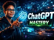 12 Powerful Ways to Unlock ChatGPT’s True Power A person in glasses interacts with a digital interface, pointing at futuristic graphics. "ChatGPT Mastery" text conveys innovation and technology theme.