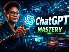 12 Powerful Ways to Unlock ChatGPT’s True Power A person in glasses interacts with a digital interface, pointing at futuristic graphics. "ChatGPT Mastery" text conveys innovation and technology theme.