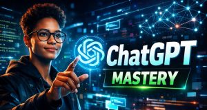 12 Powerful Ways to Unlock ChatGPT’s True Power A person in glasses interacts with a digital interface, pointing at futuristic graphics. "ChatGPT Mastery" text conveys innovation and technology theme.