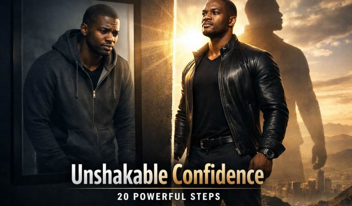 A man in a hoodie appears downcast in front of a mirror, reflecting a confident version of himself in a leather jacket. The text reads, "Unshakable Confidence: 20 Powerful Steps." The tone is transformative and motivational.