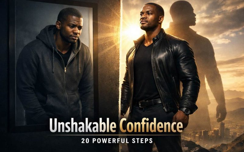 A man in a hoodie appears downcast in front of a mirror, reflecting a confident version of himself in a leather jacket. The text reads, "Unshakable Confidence: 20 Powerful Steps." The tone is transformative and motivational.