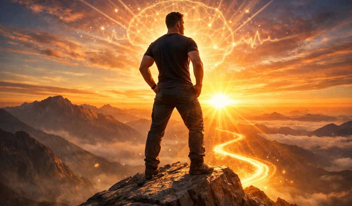 A man stands triumphantly on a mountain peak at sunset, with a glowing brain and light trail symbolizing enlightenment. The scene exudes inspiration and possibility.