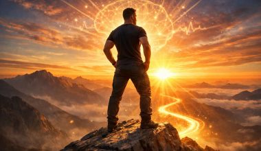 A man stands triumphantly on a mountain peak at sunset, with a glowing brain and light trail symbolizing enlightenment. The scene exudes inspiration and possibility.