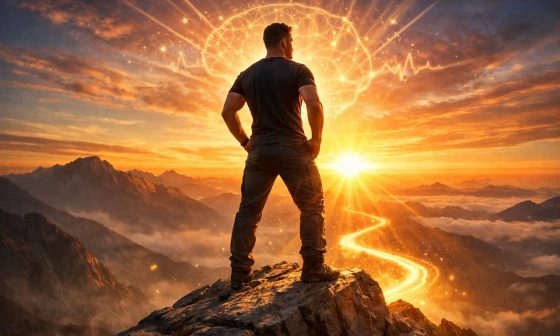 A man stands triumphantly on a mountain peak at sunset, with a glowing brain and light trail symbolizing enlightenment. The scene exudes inspiration and possibility.
