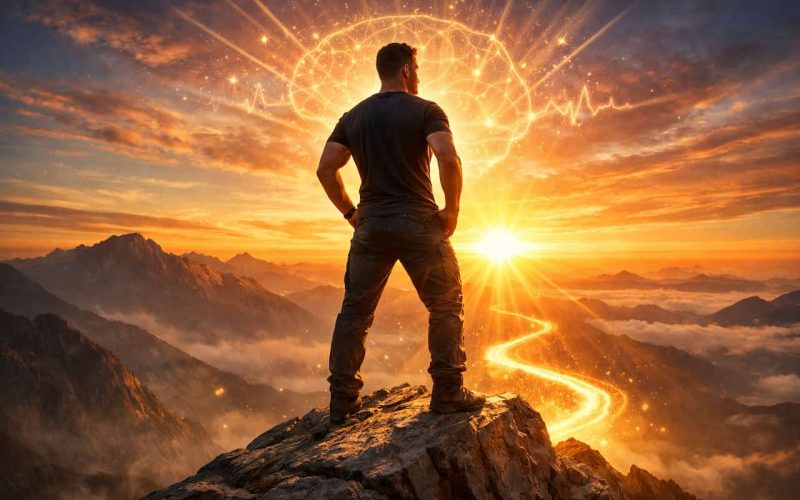 A man stands triumphantly on a mountain peak at sunset, with a glowing brain and light trail symbolizing enlightenment. The scene exudes inspiration and possibility.