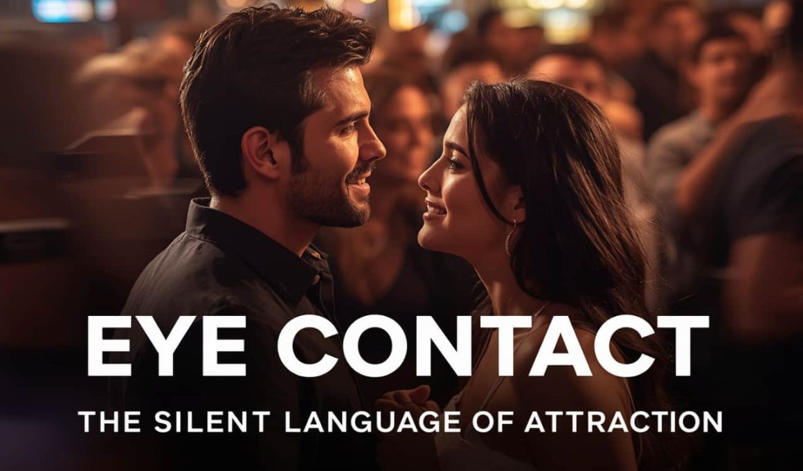 A man and woman share a meaningful gaze in a lively bar setting. Warm, romantic ambiance; text reads "Eye Contact: The Silent Language of Attraction."