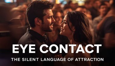 A man and woman share a meaningful gaze in a lively bar setting. Warm, romantic ambiance; text reads "Eye Contact: The Silent Language of Attraction."