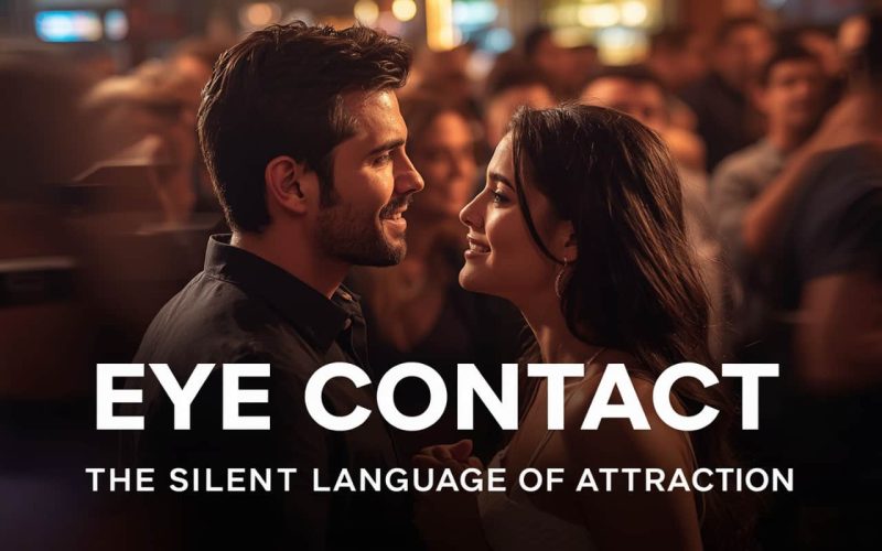A man and woman share a meaningful gaze in a lively bar setting. Warm, romantic ambiance; text reads "Eye Contact: The Silent Language of Attraction."