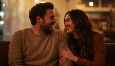 A couple sits on a couch, warmly lit, smiling at each other. The cozy indoor setting conveys a sense of warmth and intimacy.