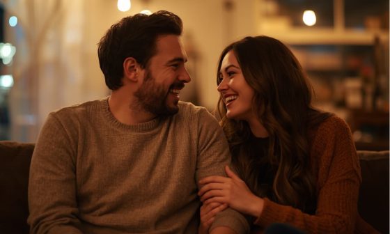 A couple sits on a couch, warmly lit, smiling at each other. The cozy indoor setting conveys a sense of warmth and intimacy.