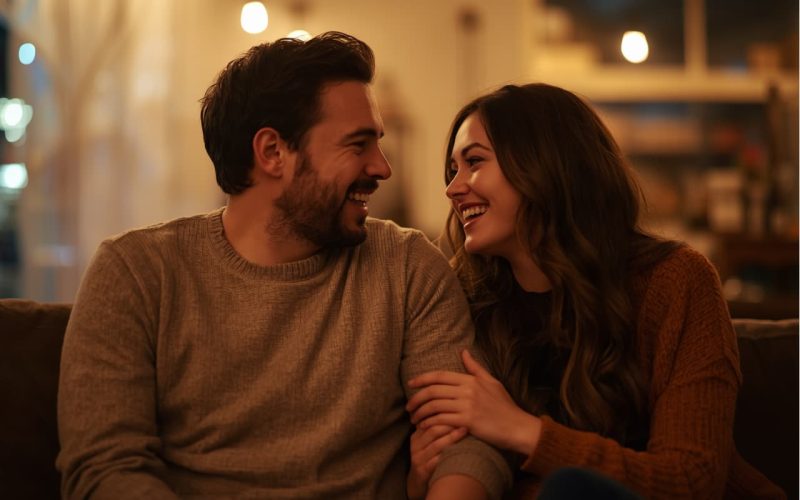 A couple sits on a couch, warmly lit, smiling at each other. The cozy indoor setting conveys a sense of warmth and intimacy.