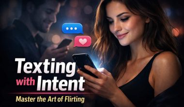 A woman smiles at her phone, with messaging icons above. A man in the background texts. Text reads: “Texting with Intent. Master the Art of Flirting.”