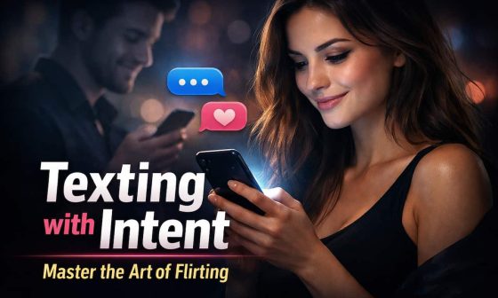 A woman smiles at her phone, with messaging icons above. A man in the background texts. Text reads: “Texting with Intent. Master the Art of Flirting.”