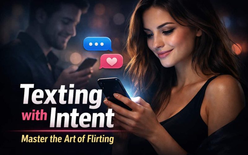A woman smiles at her phone, with messaging icons above. A man in the background texts. Text reads: “Texting with Intent. Master the Art of Flirting.”