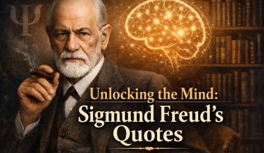 Portrait of sigmund freud holding a cigar, dressed in a suit, with a glowing brain illustration in the background. Text reads, "Unlocking the Mind: Sigmund Freud's Quotes." The tone is intellectual and introspective.