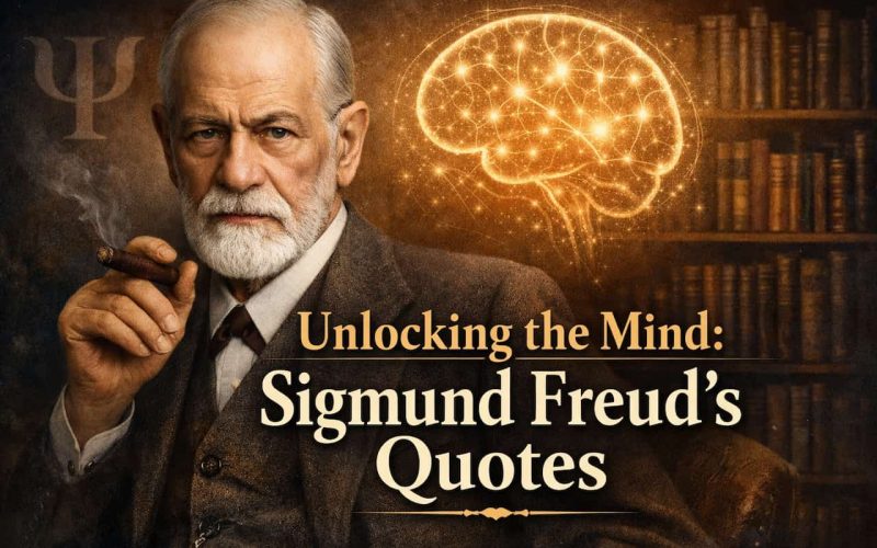 Portrait of sigmund freud holding a cigar, dressed in a suit, with a glowing brain illustration in the background. Text reads, "Unlocking the Mind: Sigmund Freud's Quotes." The tone is intellectual and introspective.