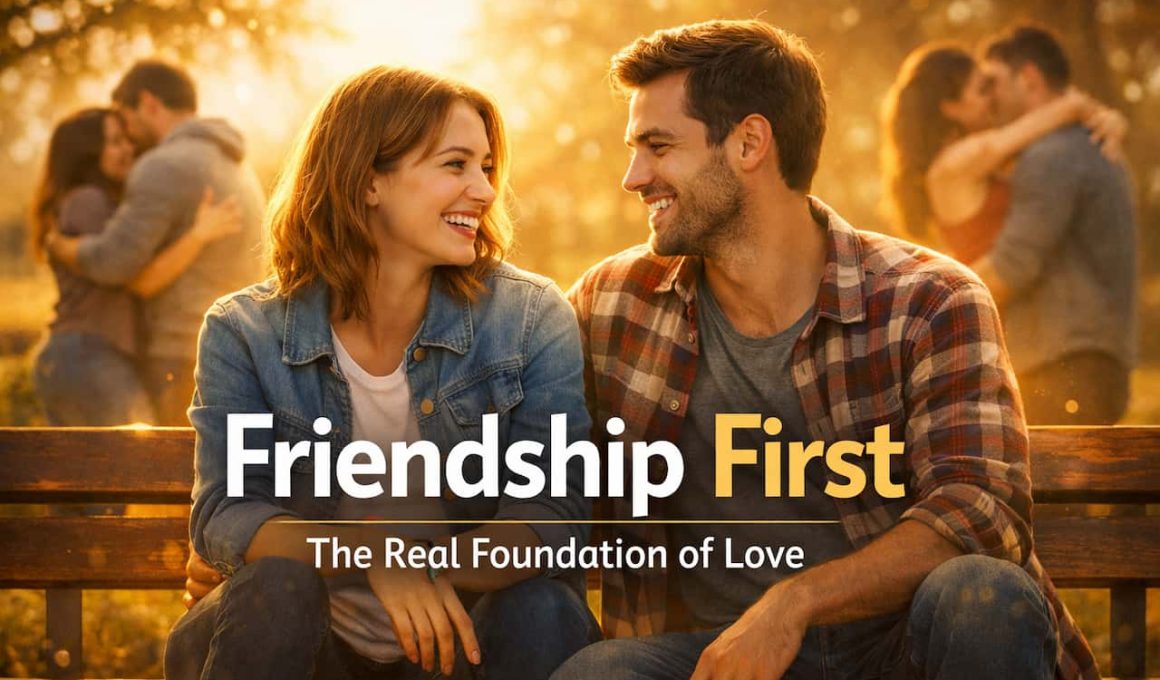 A cheerful couple sits on a bench, smiling at each other with sunlight filtering through trees. In the background, other couples embrace. Text reads, "Friendship First: The Real Foundation of Love."