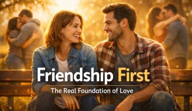 A cheerful couple sits on a bench, smiling at each other with sunlight filtering through trees. In the background, other couples embrace. Text reads, "Friendship First: The Real Foundation of Love."