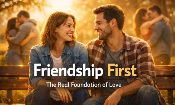 A cheerful couple sits on a bench, smiling at each other with sunlight filtering through trees. In the background, other couples embrace. Text reads, "Friendship First: The Real Foundation of Love."