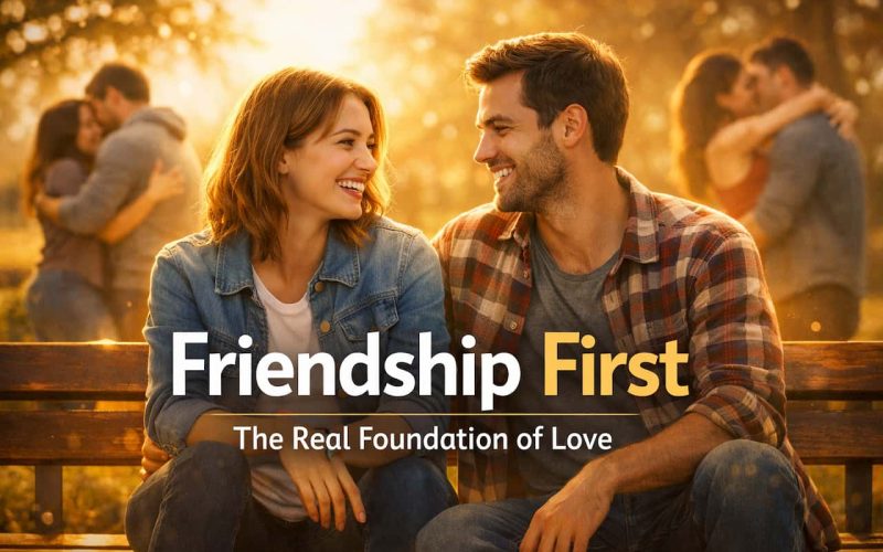 A cheerful couple sits on a bench, smiling at each other with sunlight filtering through trees. In the background, other couples embrace. Text reads, "Friendship First: The Real Foundation of Love."