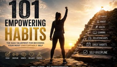 woman raises her fist next to a list of positive habits