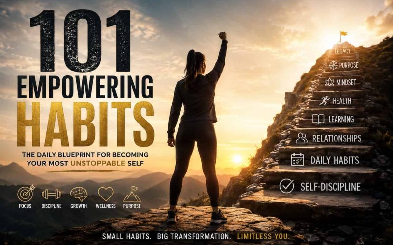 woman raises her fist next to a list of positive habits