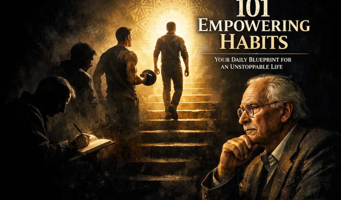 A contemplative older man sits in the foreground; behind him, figures ascend glowing steps towards light. Text reads "101 Empowering Habits." The tone is inspirational.